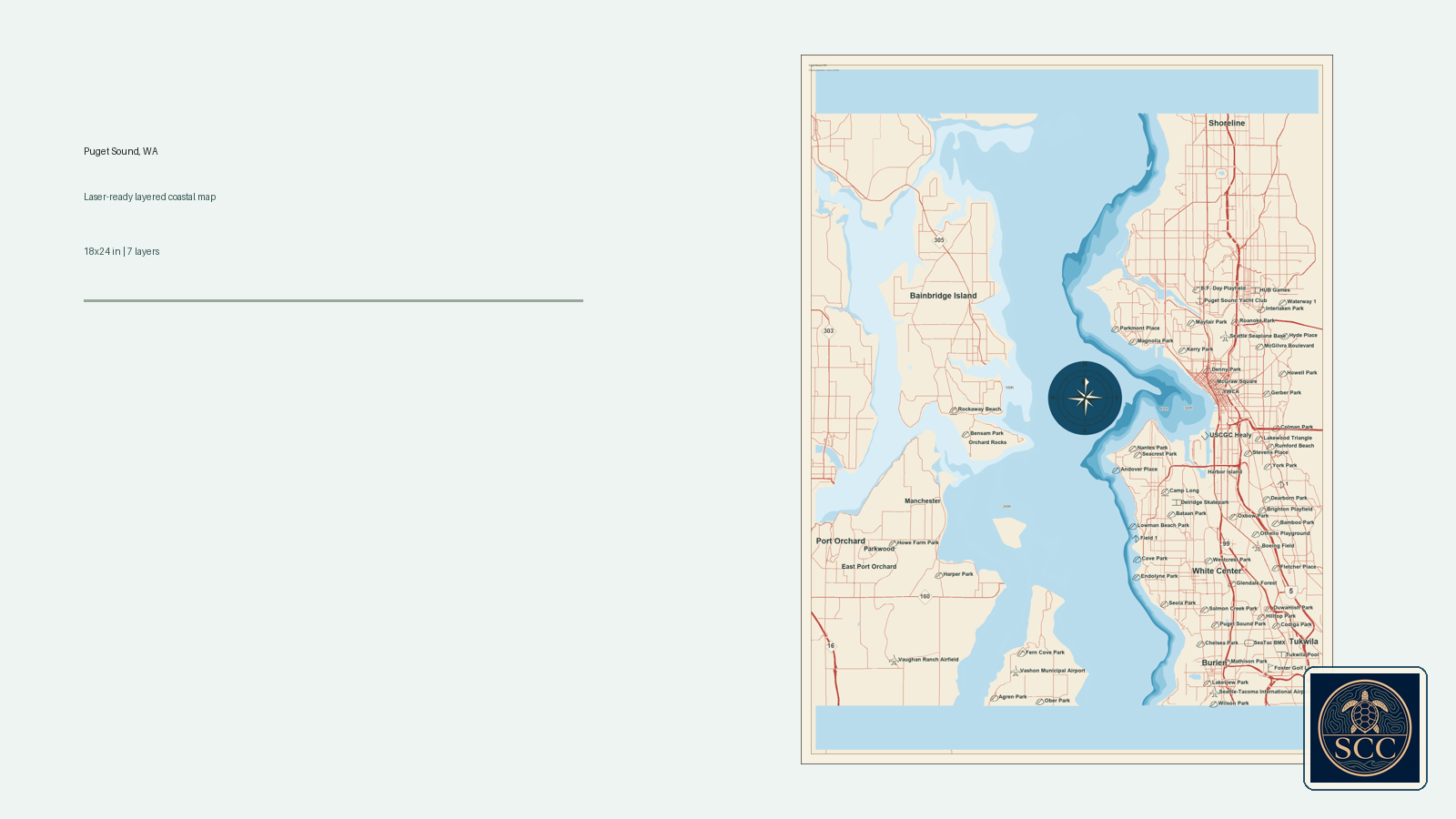 Puget Sound Washington layered wood map design preview