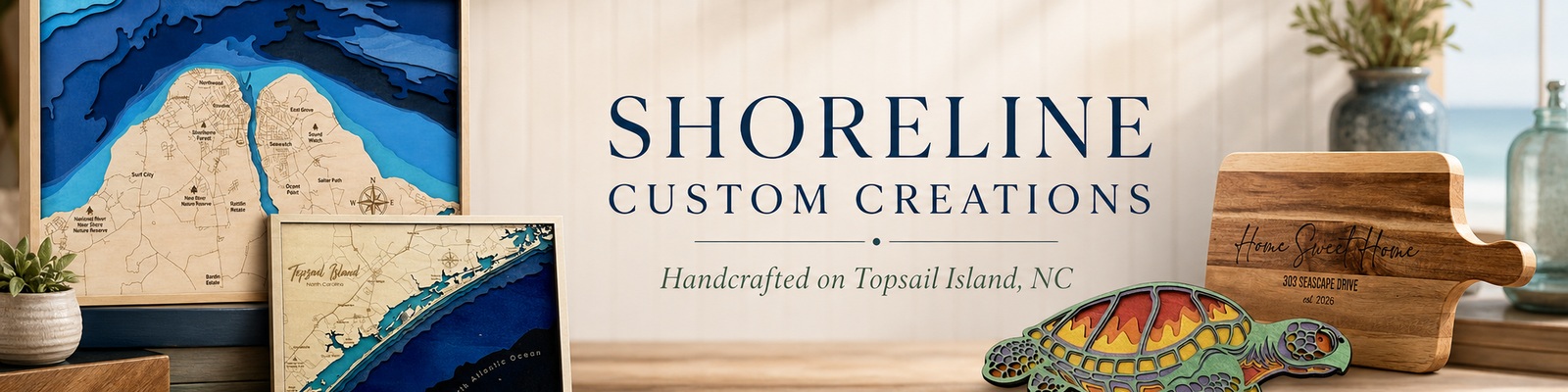 Shoreline Custom Creations banner featuring real coastal maps, sea turtle wall art, and an engraved cutting board