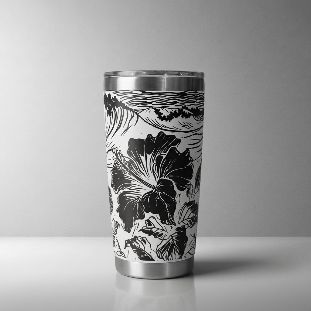 Custom Laser-Engraved Hibiscus & Wave Stainless Steel Tumbler - custom tumbler by Shoreline Custom Creations