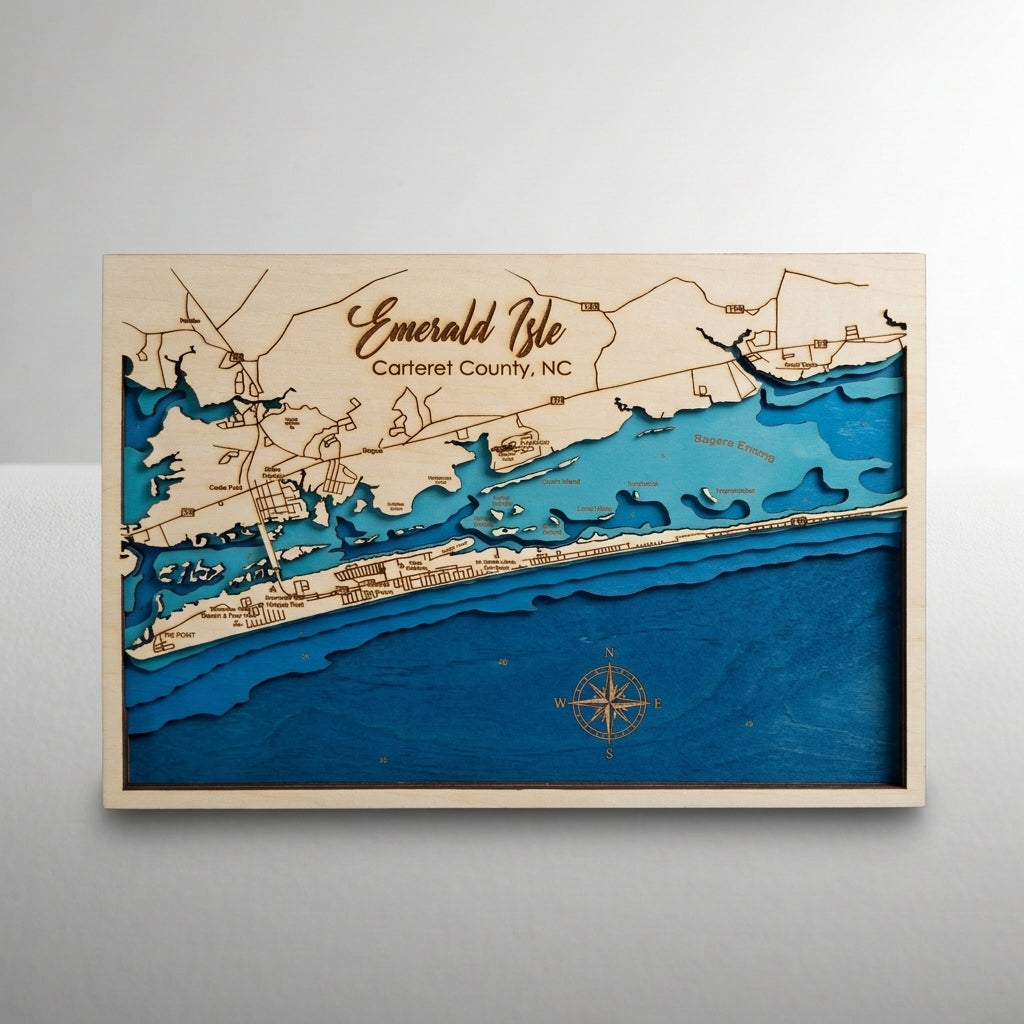 Custom Laser-Cut Emerald Isle Bathymetric Map - custom coastal map by Shoreline Custom Creations