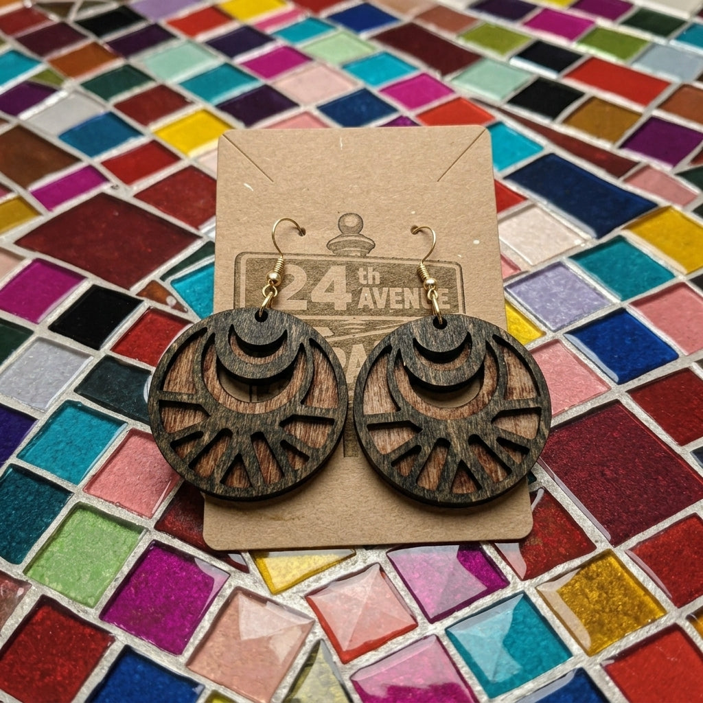 Laser-Cut Celestial Moon Wood Dangle Earrings - custom jewelry by Shoreline Custom Creations