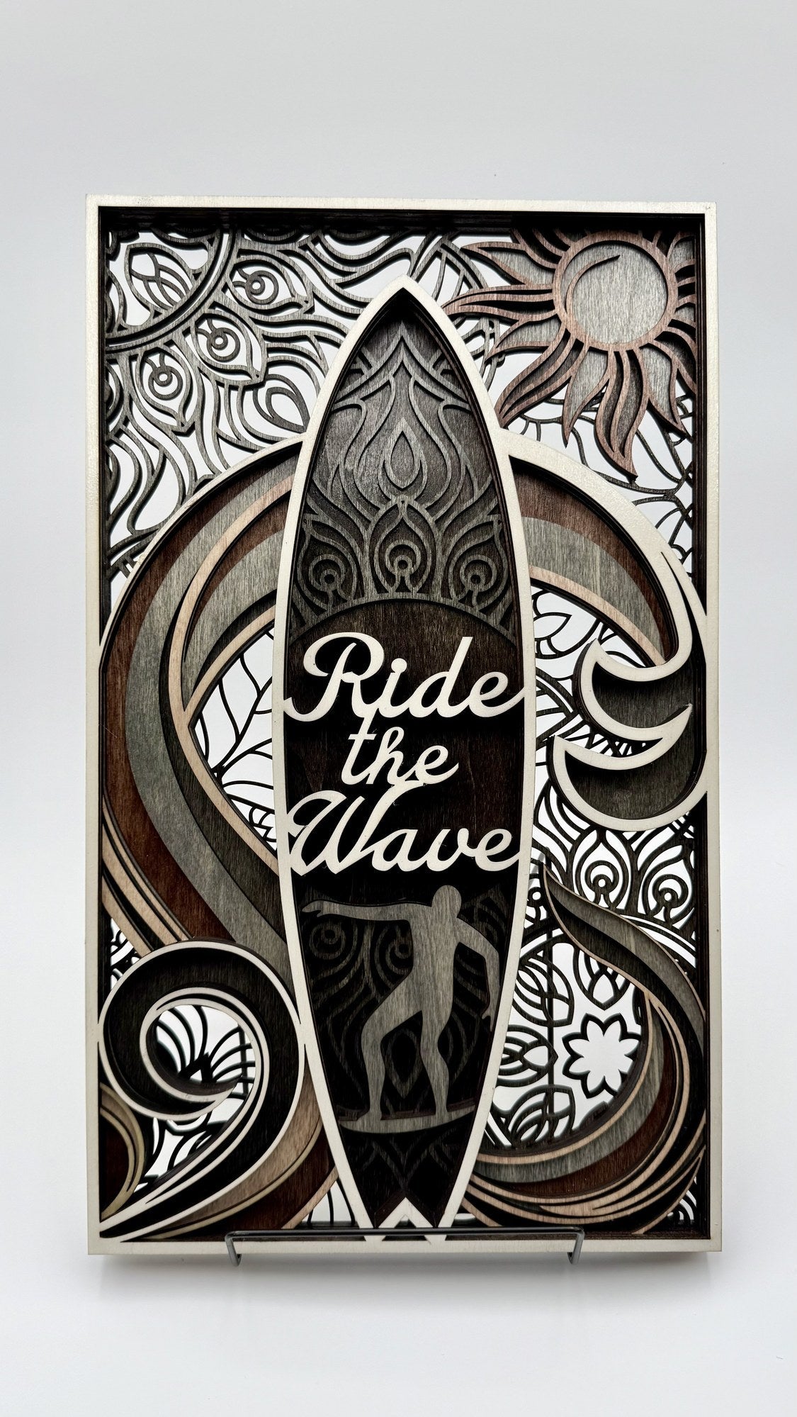 Ride the Wave multi-layered laser-cut wood wall art with surfboard and mandala detail by Shoreline Custom Creations