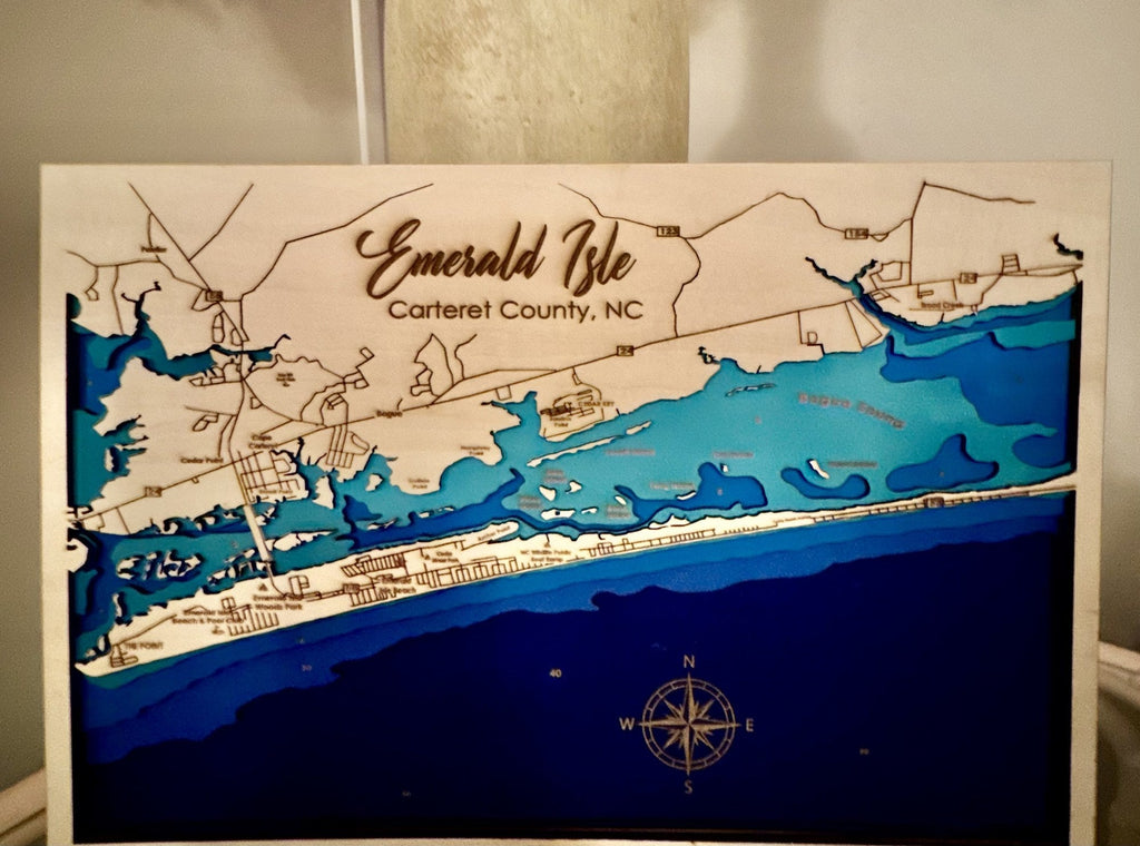 Emerald Isle Carteret County NC layered wood bathymetric coastal map by Shoreline Custom Creations