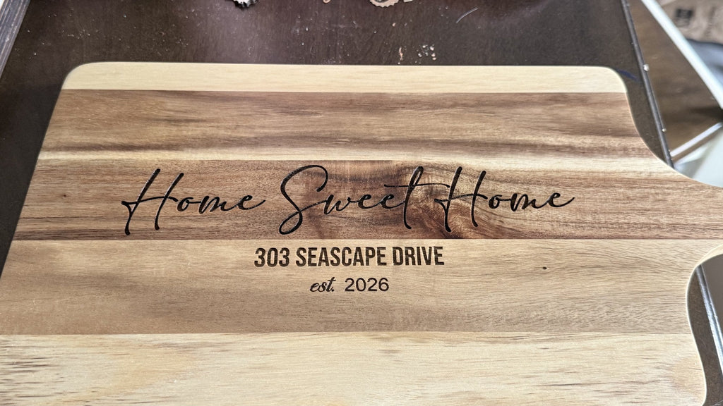 Personalized acacia wood cutting board engraved with Home Sweet Home street address, housewarming gift by Shoreline Custom Creations