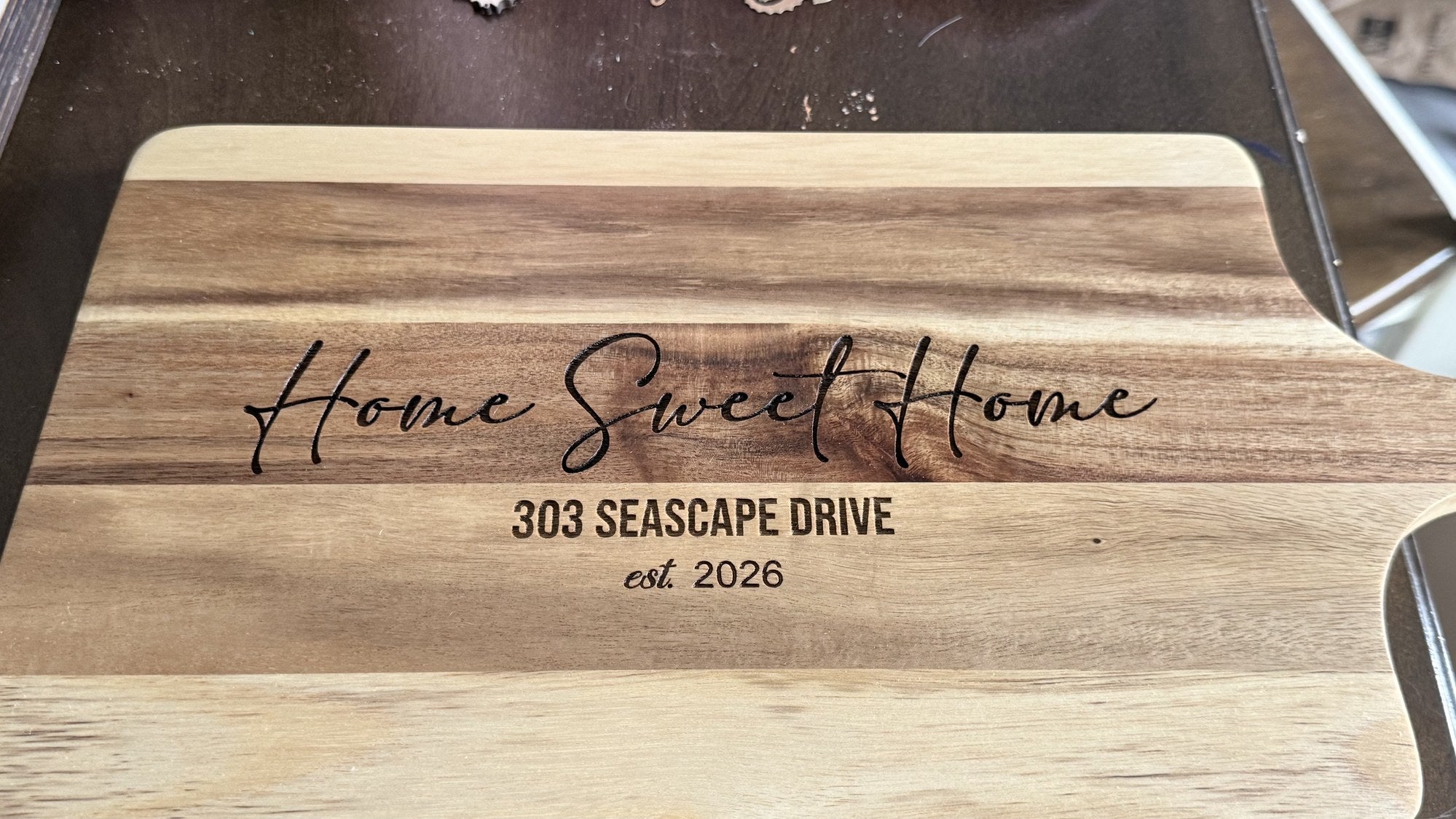 Personalized acacia wood cutting board engraved with Home Sweet Home street address, housewarming gift by Shoreline Custom Creations