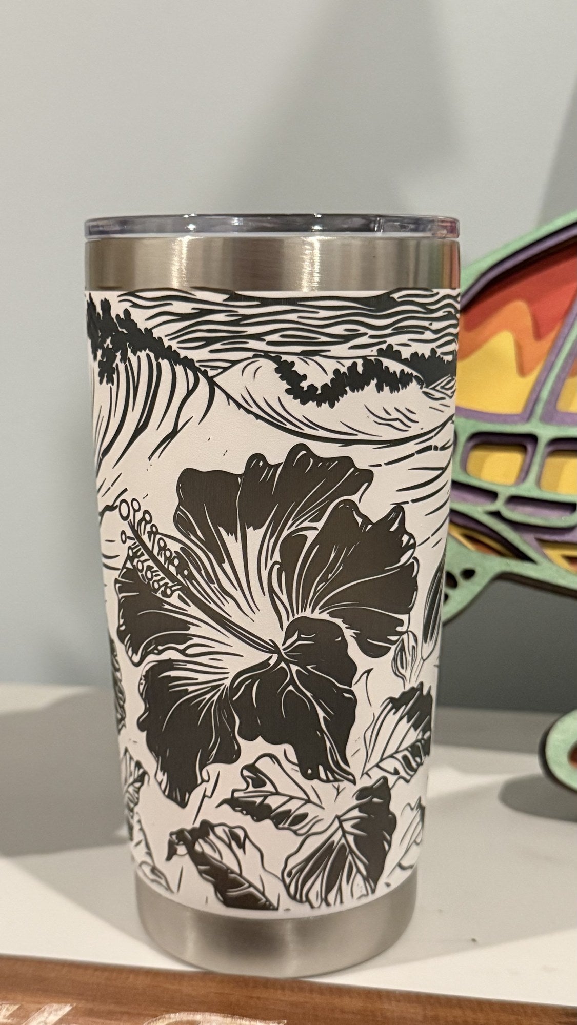 Hibiscus and wave laser-engraved stainless steel tumbler with sea turtle coastal decor by Shoreline Custom Creations