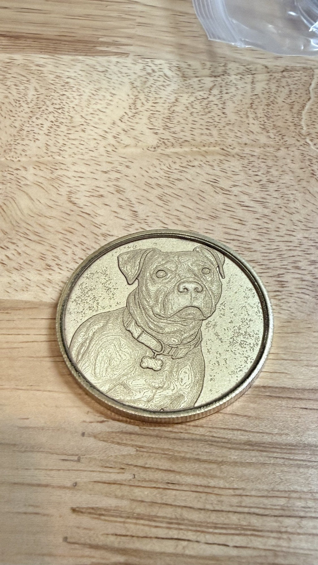 Custom laser-engraved pet portrait keepsake coin featuring a dog, on natural wood by Shoreline Custom Creations