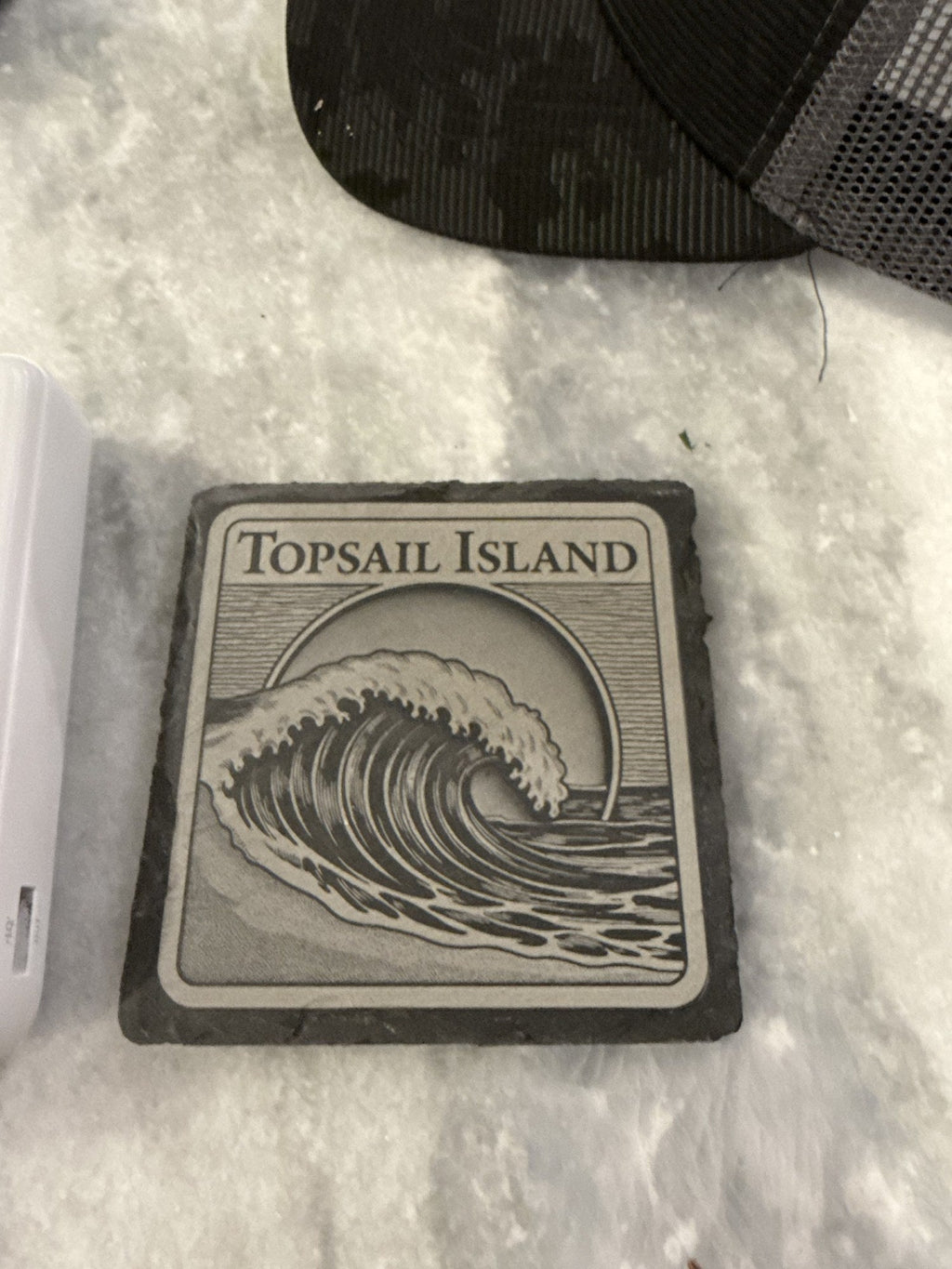 Topsail Island laser-engraved natural slate coaster with wave design by Shoreline Custom Creations