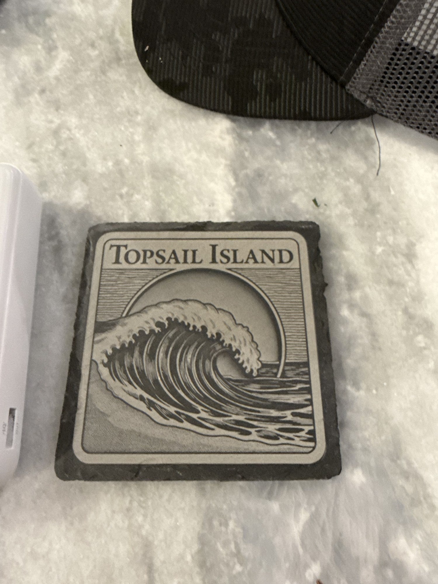 Topsail Island laser-engraved natural slate coaster with wave design by Shoreline Custom Creations