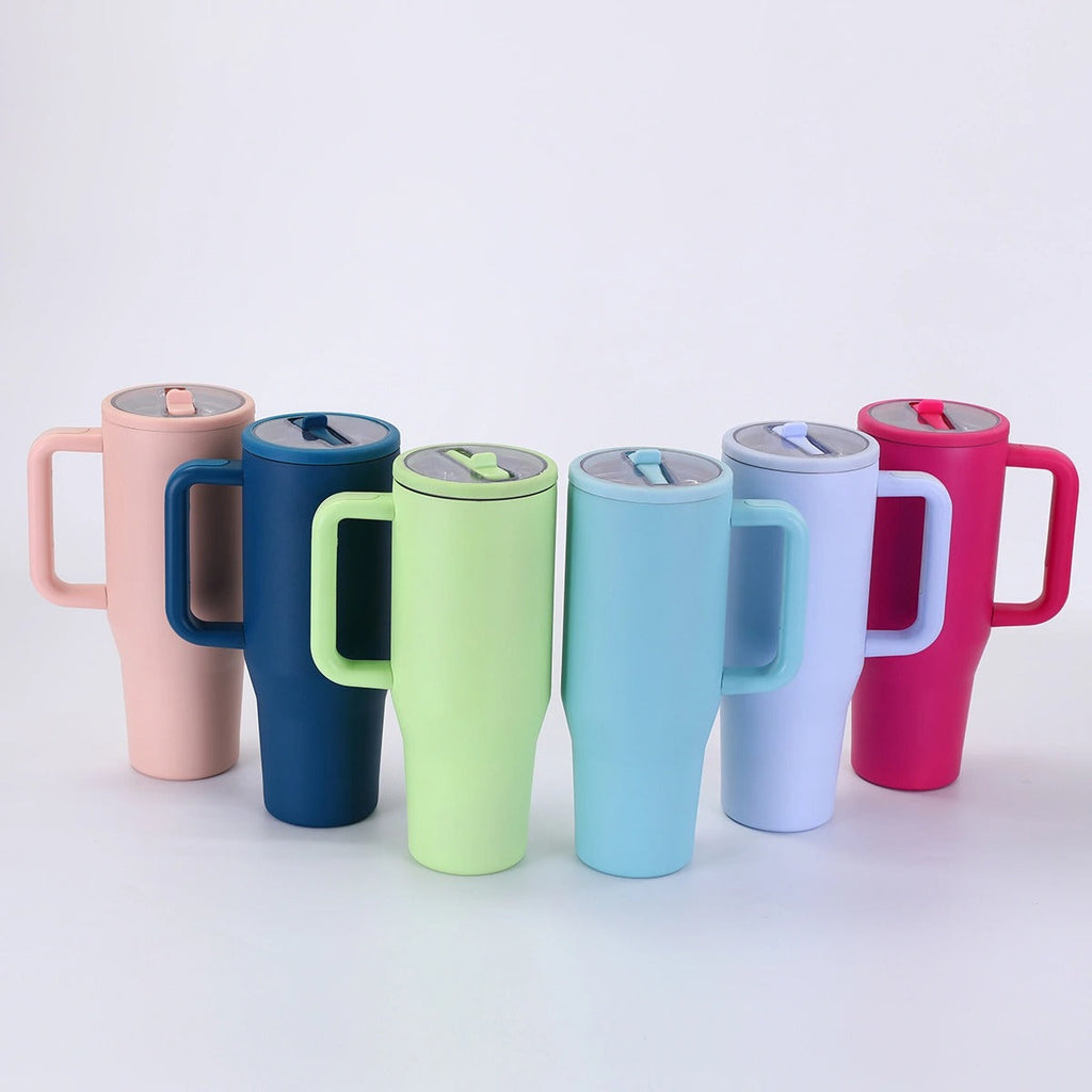 Custom 40oz tumbler with handle, 6 color options (pink, navy, lime, blue, lavender, magenta) by Shoreline Custom Creations