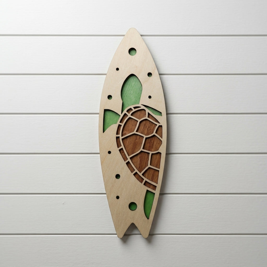 Laser-Cut Wooden Sea Turtle Surfboard Wall Art - custom wall art by Shoreline Custom Creations