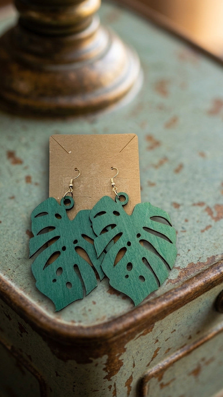 Laser-Cut Monstera Leaf Wooden Statement Earrings - custom jewelry by Shoreline Custom Creations