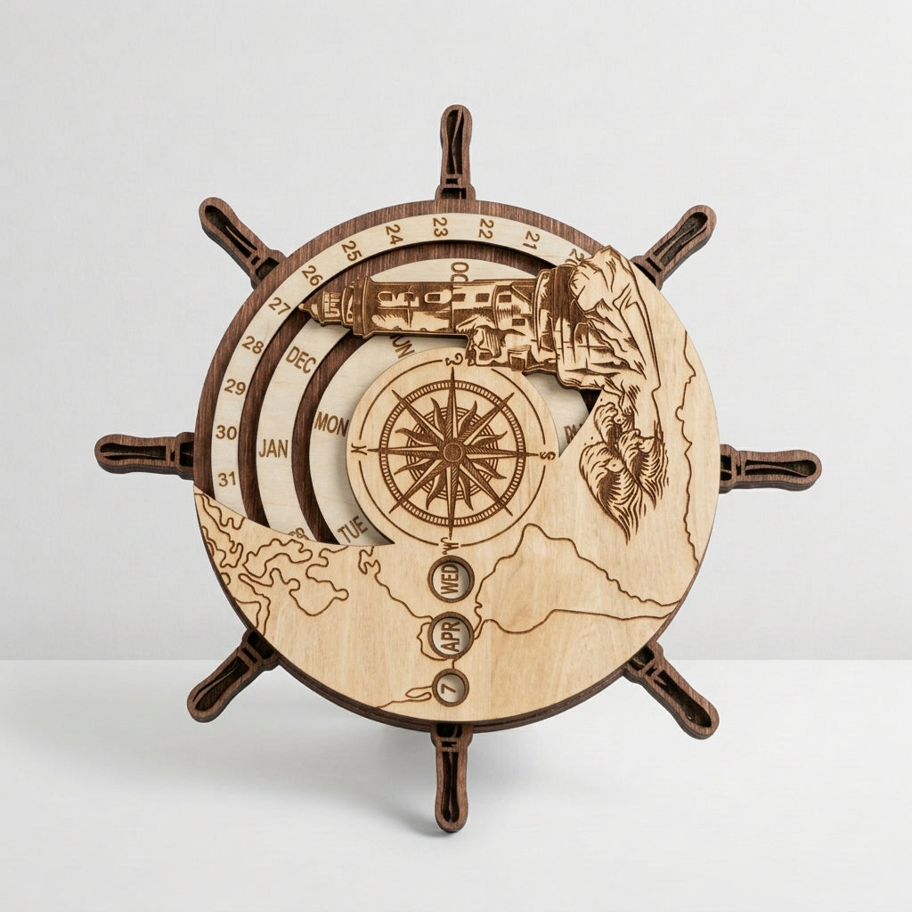 Custom Laser-Engraved Nautical Ship Wheel Perpetual Calendar - custom perpetual calendar by Shoreline Custom Creations