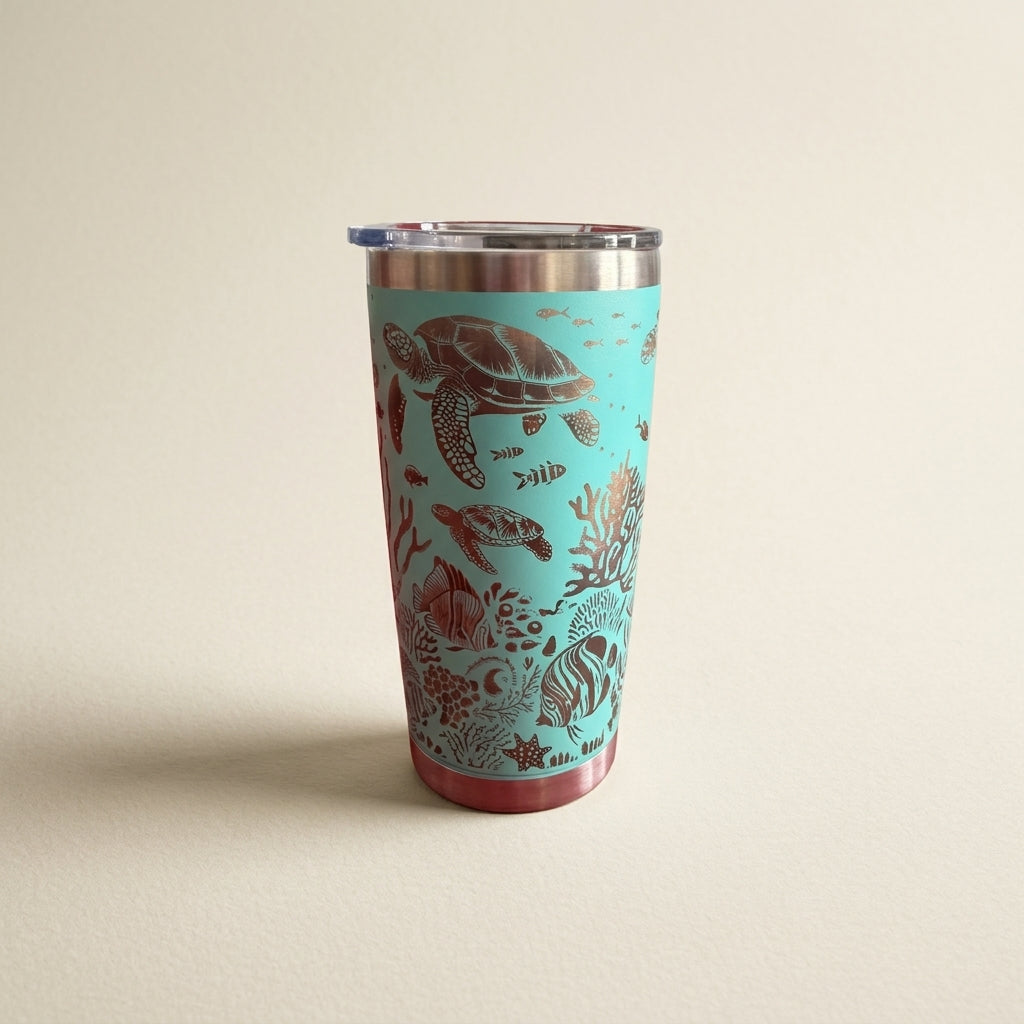 Custom Laser-Engraved Sea Turtle & Coral Reef Tumbler with magnetic lid - custom tumbler by Shoreline Custom Creations
